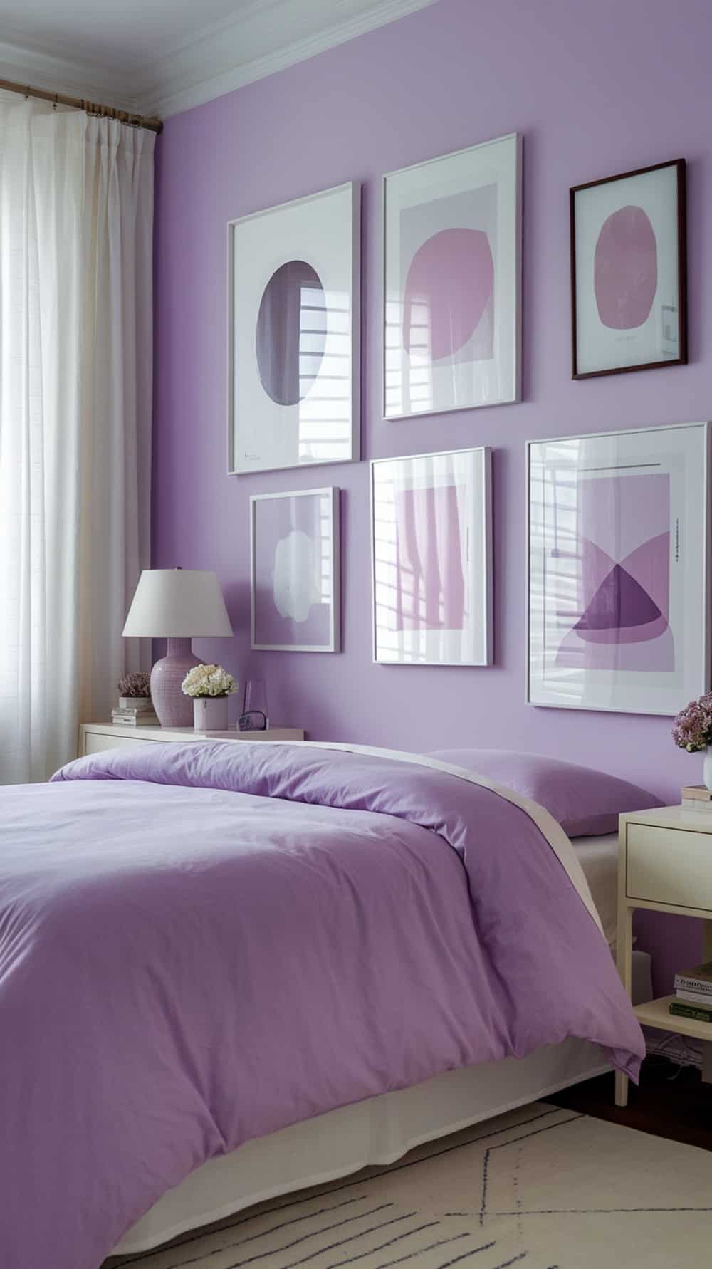 A lavender-themed bedroom with artwork featuring soft purple tones.