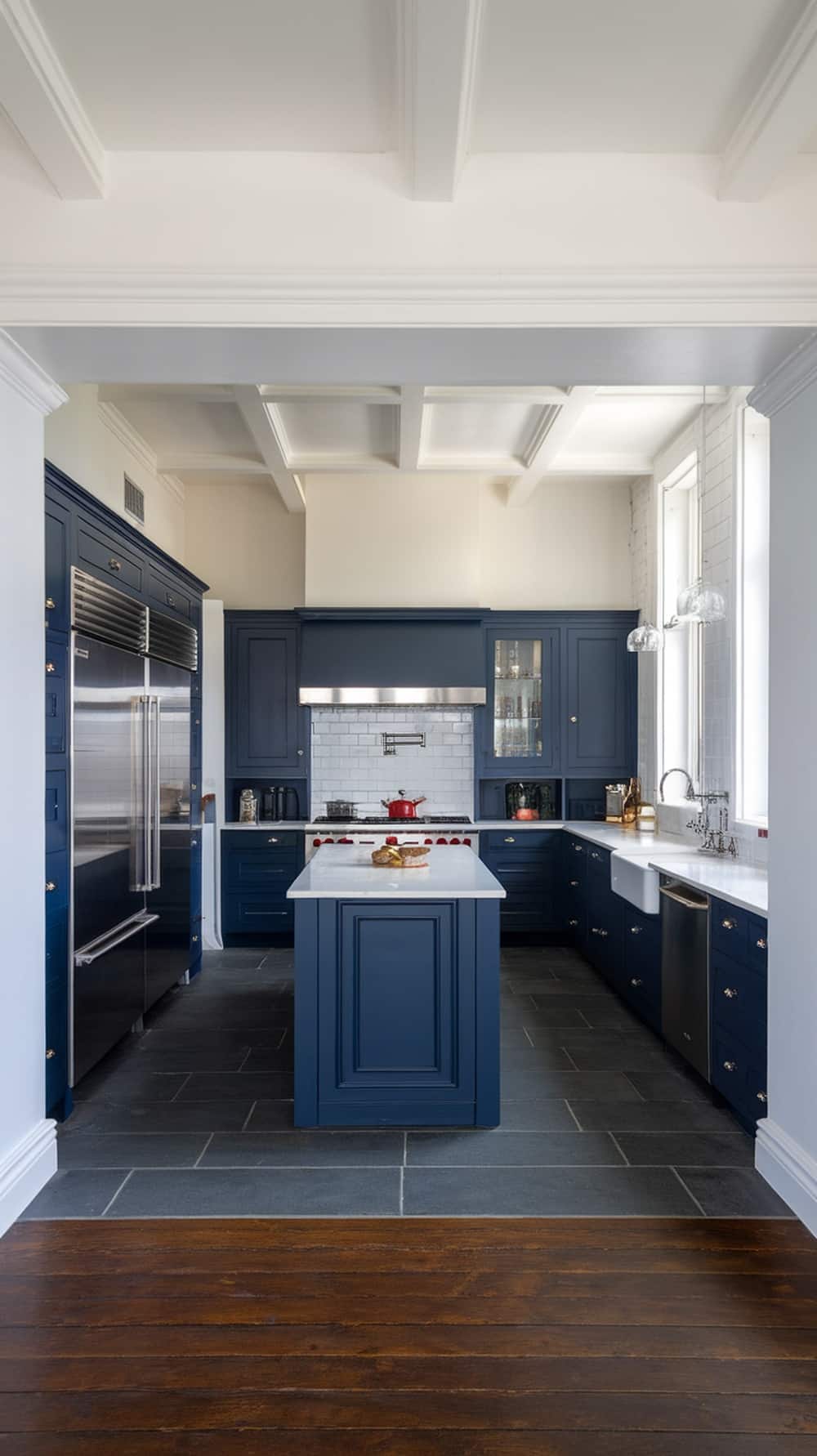 A modern kitchen featuring navy blue cabinets and white countertops.