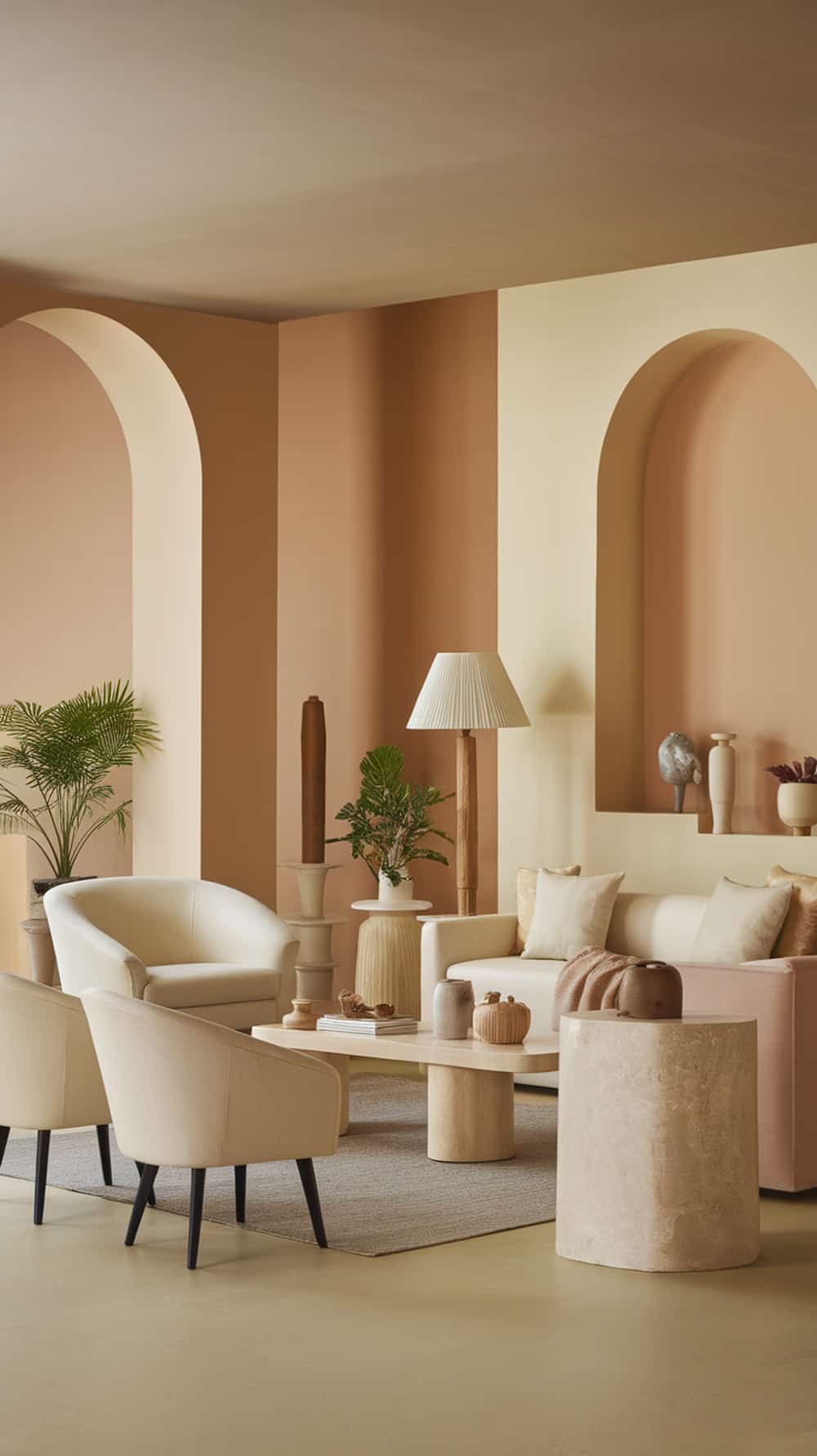 Cozy living room with cream color palette featuring soft furniture and decorative elements.