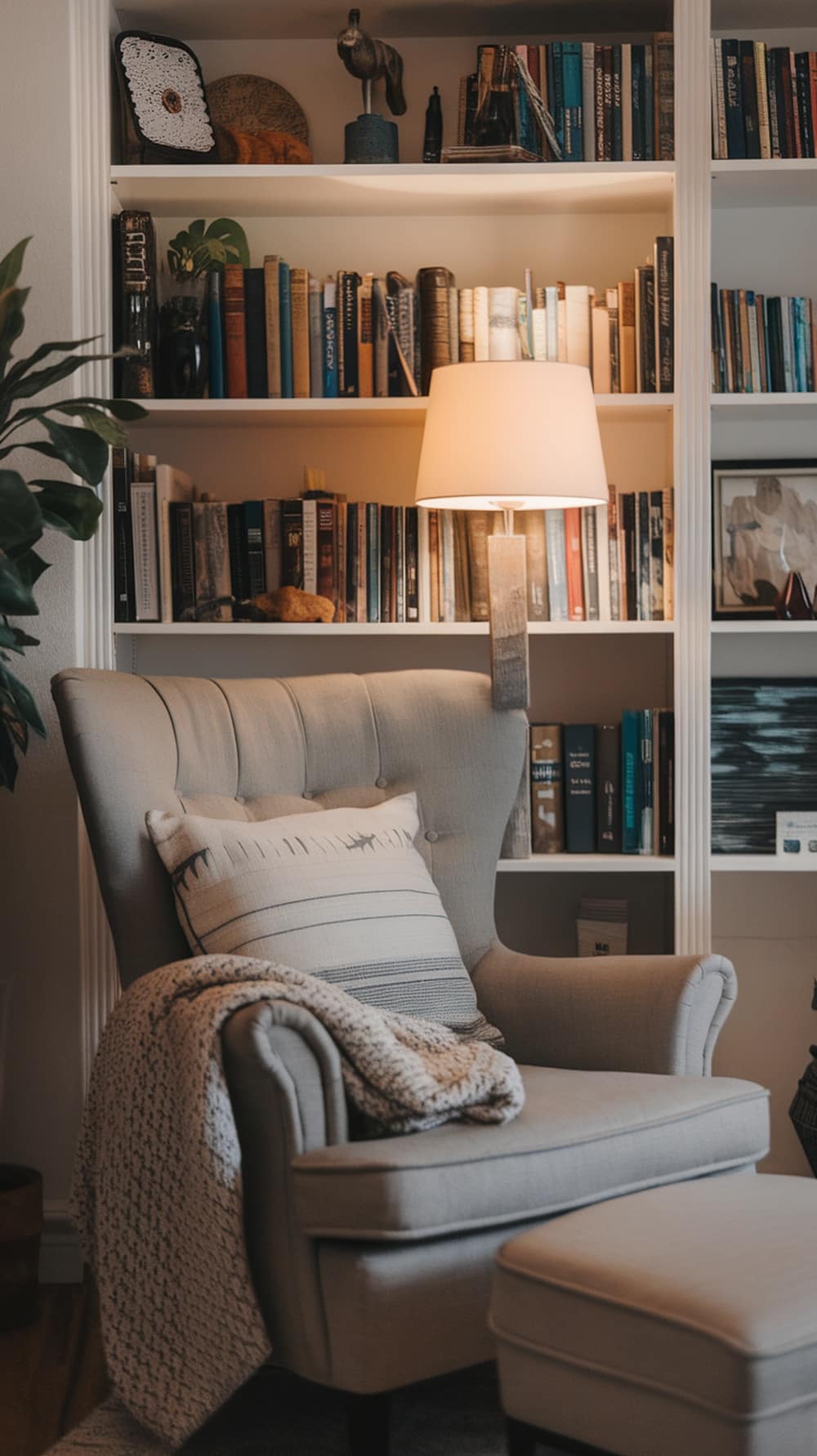 A cozy living room nook featuring a plush armchair, a blanket, and a bookshelf filled with books.