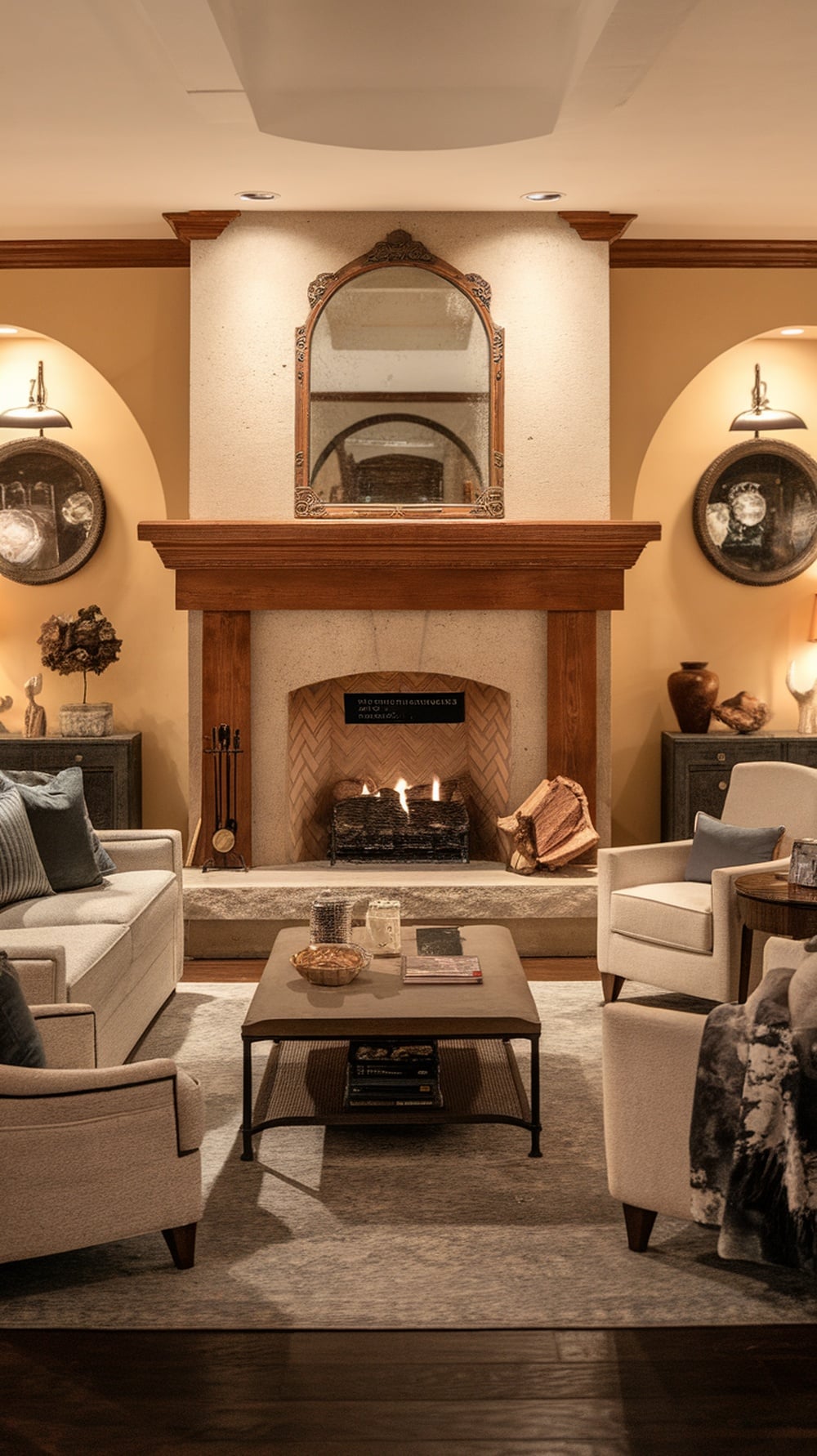 Cozy living room with a fireplace, cream-colored walls, and comfortable seating.