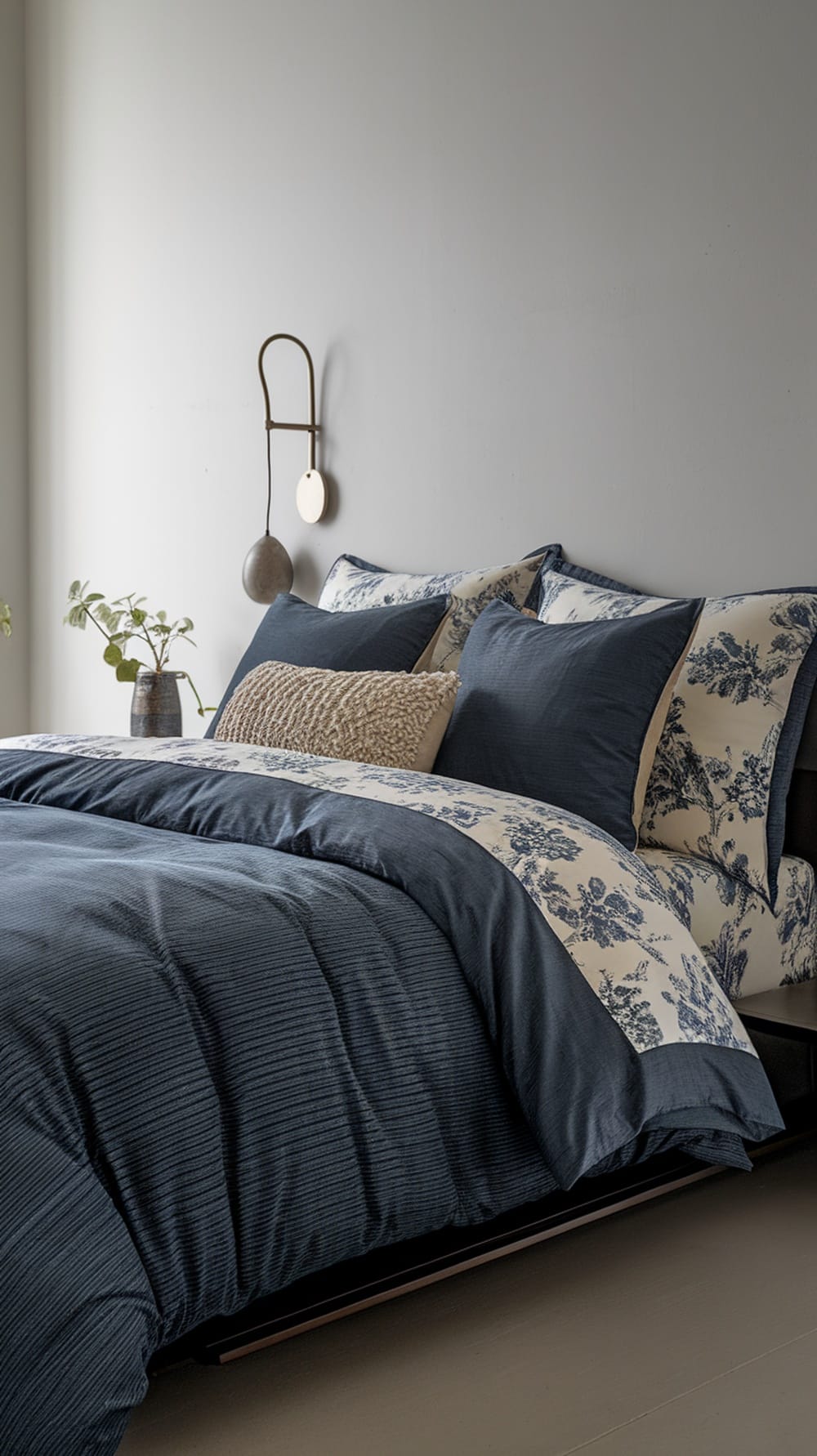 Cozy indigo bedding with patterned pillowcases and a textured throw pillow, complemented by a plant.