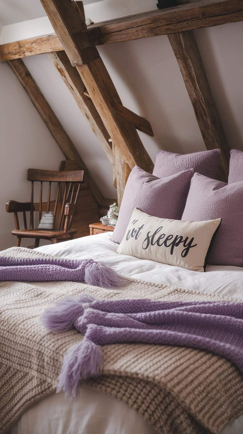 A cozy lavender bedroom with soft pillows and blankets.