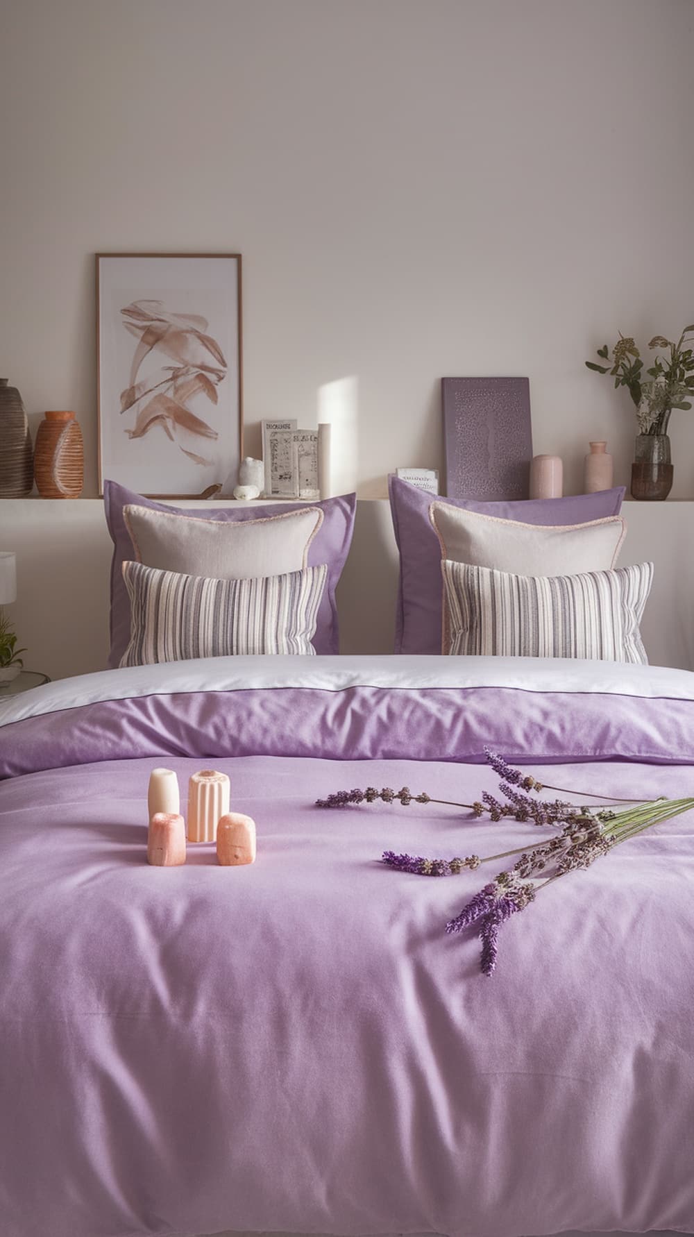 A beautifully arranged lavender bedding set with decorative pillows and lavender sprigs.