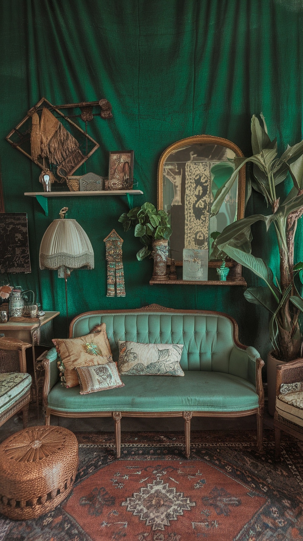 A vintage-inspired room featuring emerald green walls, a tufted sofa, and various decorative items.