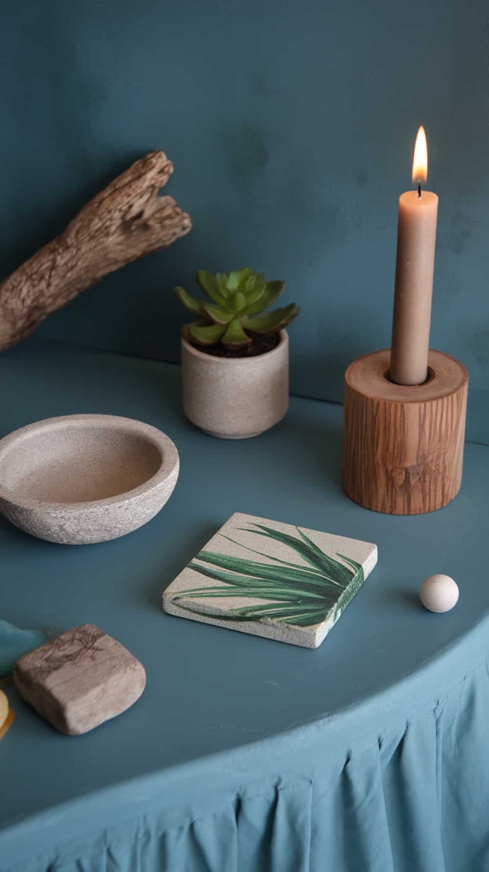 A collection of earthy decorative accessories on a dusty blue table, including a candle, a succulent, and stone bowls.