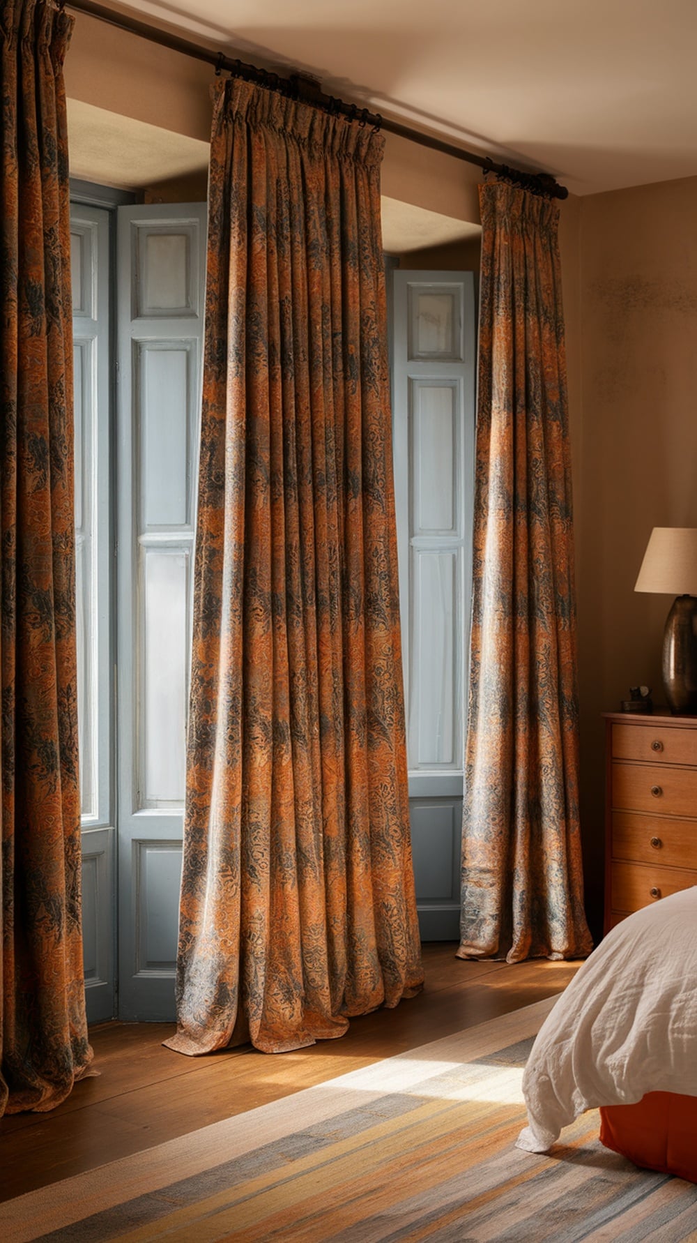 Earthy tone curtains in a bedroom setting with wooden flooring and a light-colored bed.