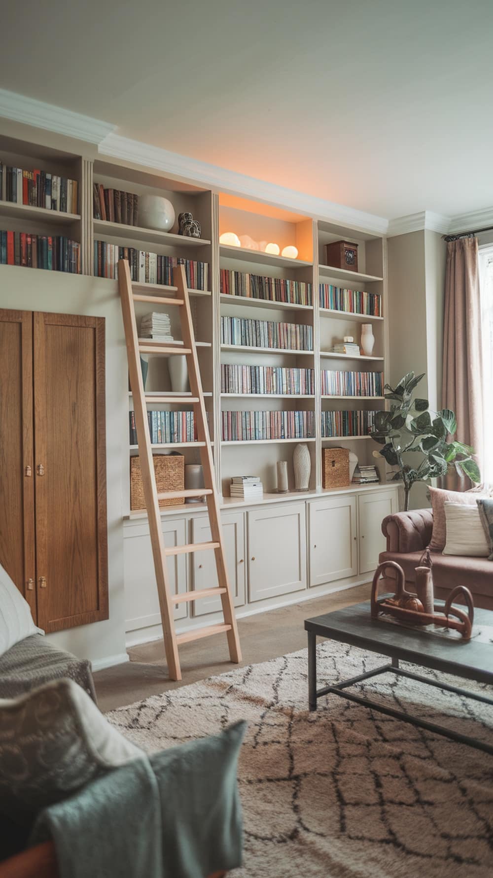 A cozy cream living room featuring a tall bookshelf with a wooden ladder, stylish storage options, and a warm, inviting atmosphere.