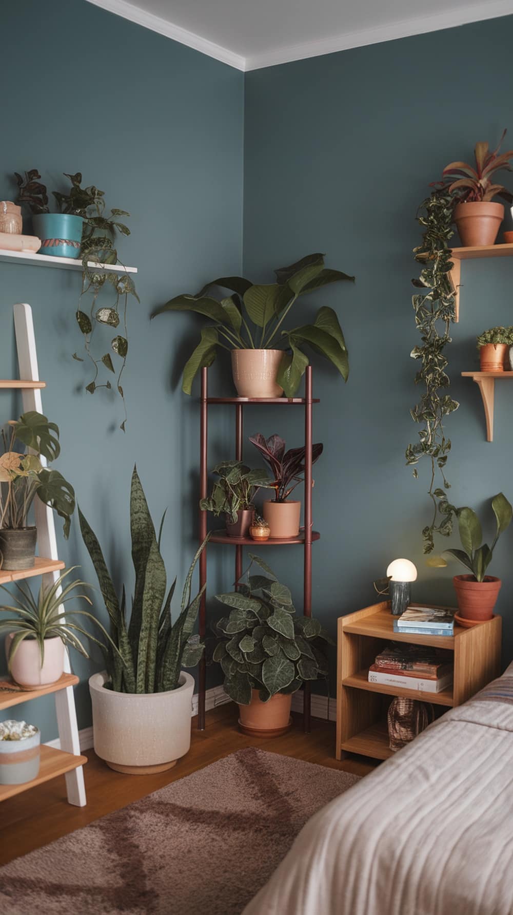 A cozy bedroom with earthy dusty blue walls and various plants in pots, creating a fresh and inviting atmosphere.