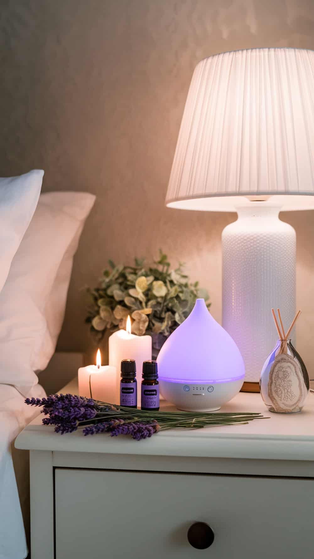 A cozy bedside table with lavender essential oils, candles, and a diffuser.