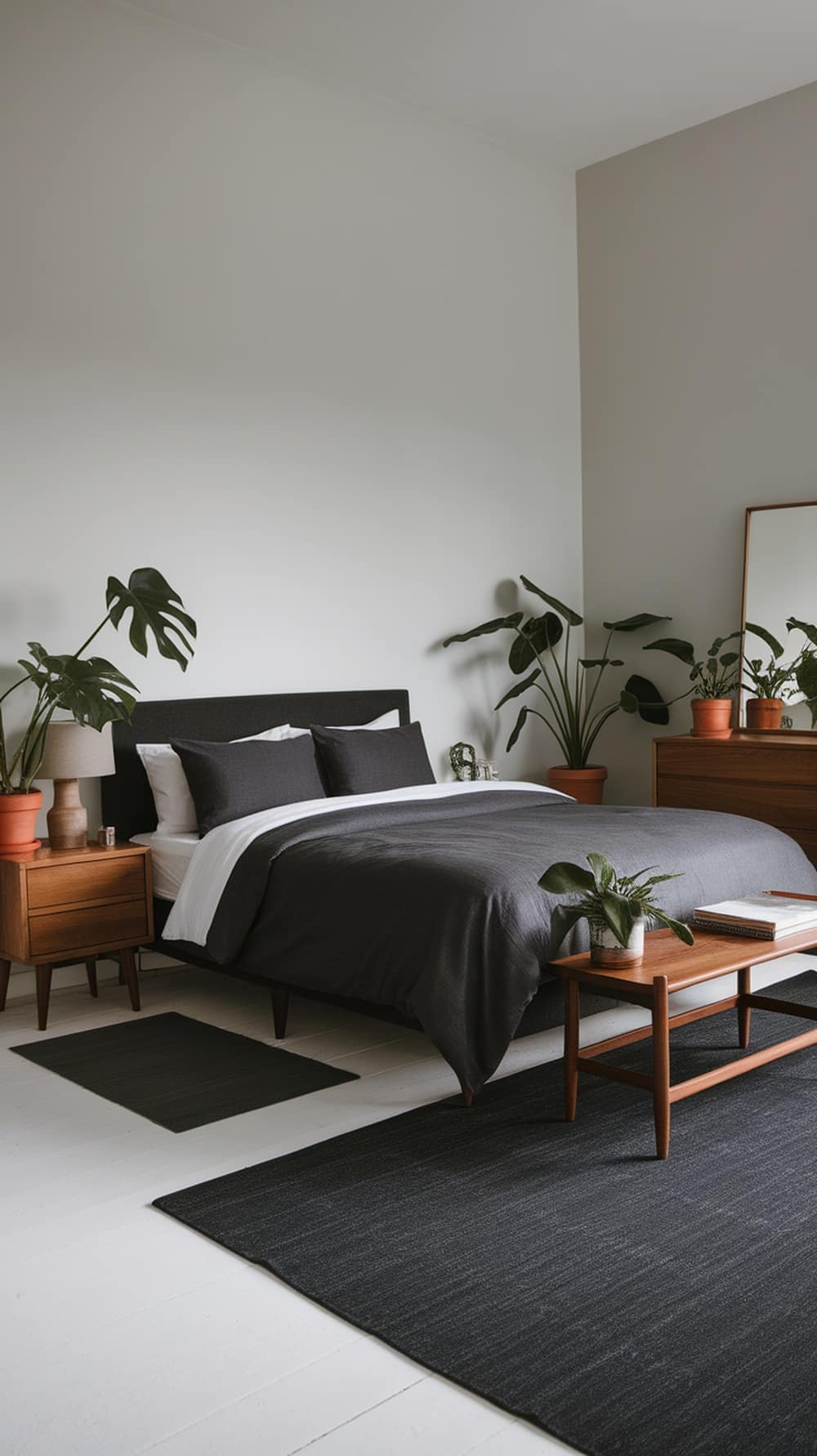 A charcoal gray bedroom featuring plants and wooden furniture.