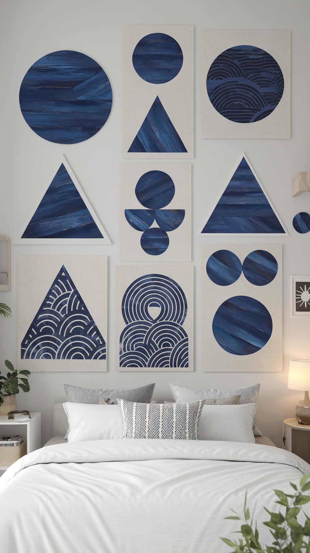 A collection of indigo-inspired geometric wall art featuring circles and triangles arranged on a light wall.