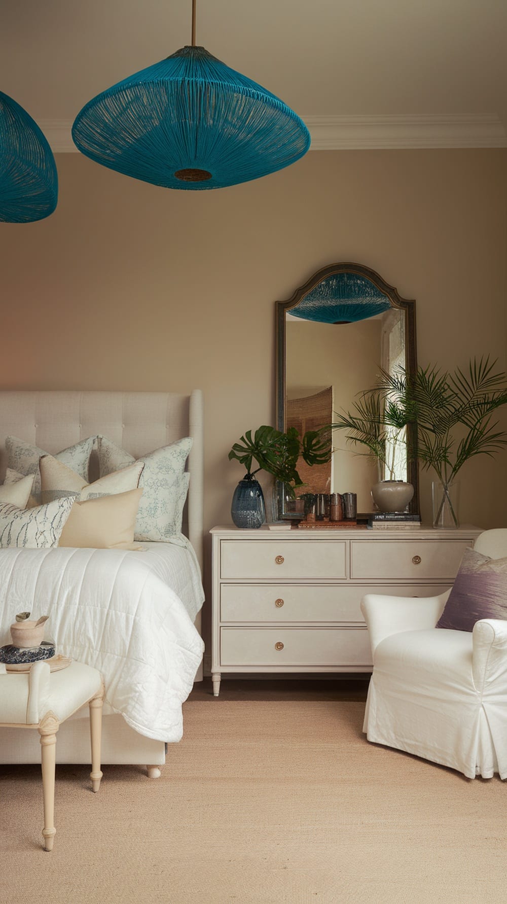 A cozy bedroom featuring indigo pendant lights, a plush bed with decorative pillows, and a stylish dresser.
