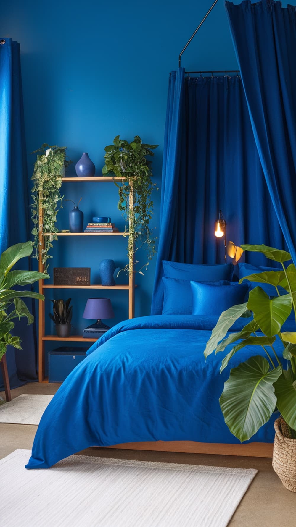 A stylish indigo bedroom featuring plants and greenery, showcasing a vibrant blue color scheme.