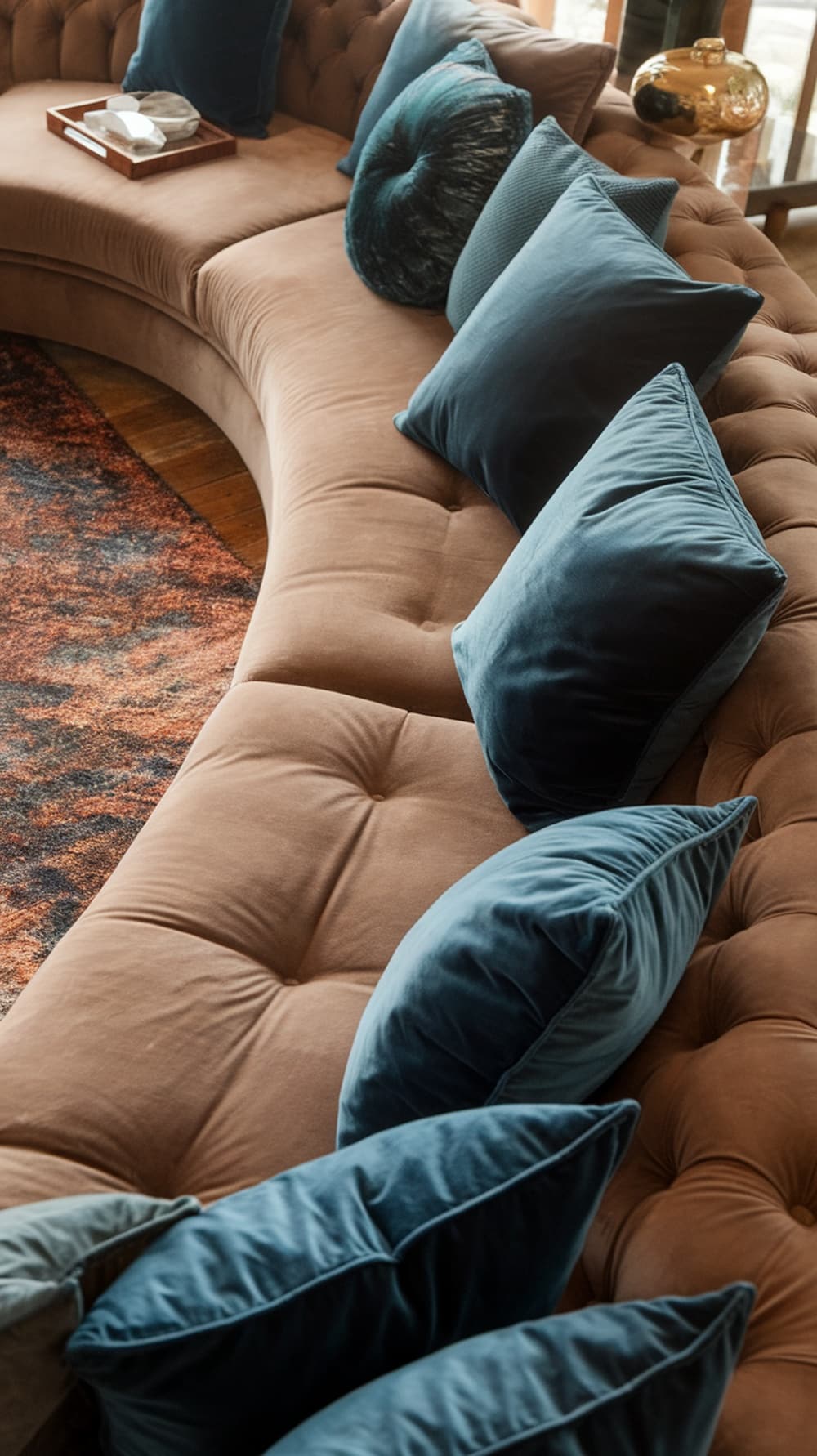A cozy seating area with indigo throw pillows on a brown tufted sofa and a patterned rug.