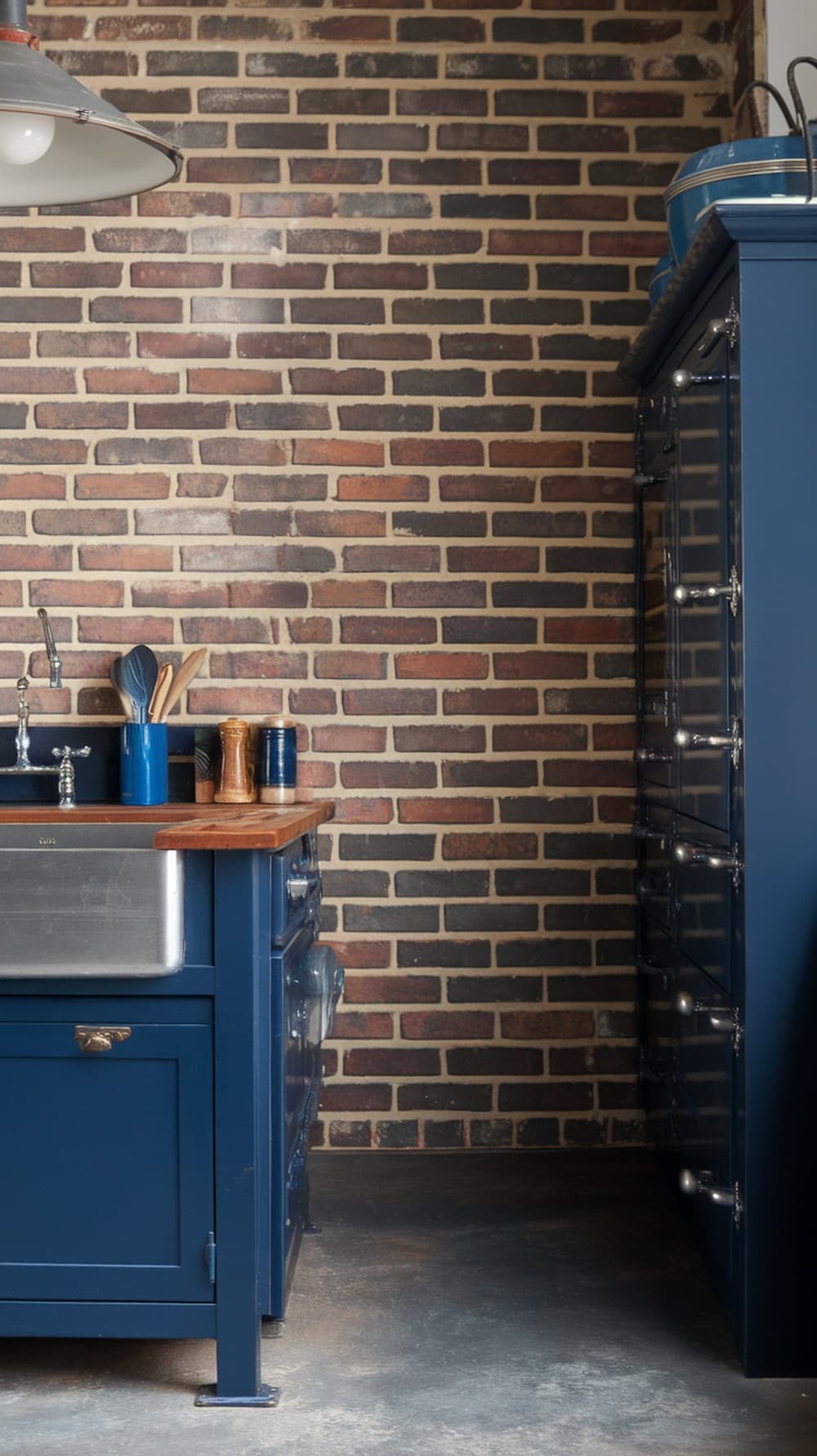 Navy blue kitchen cabinets with exposed brick wall and industrial lighting