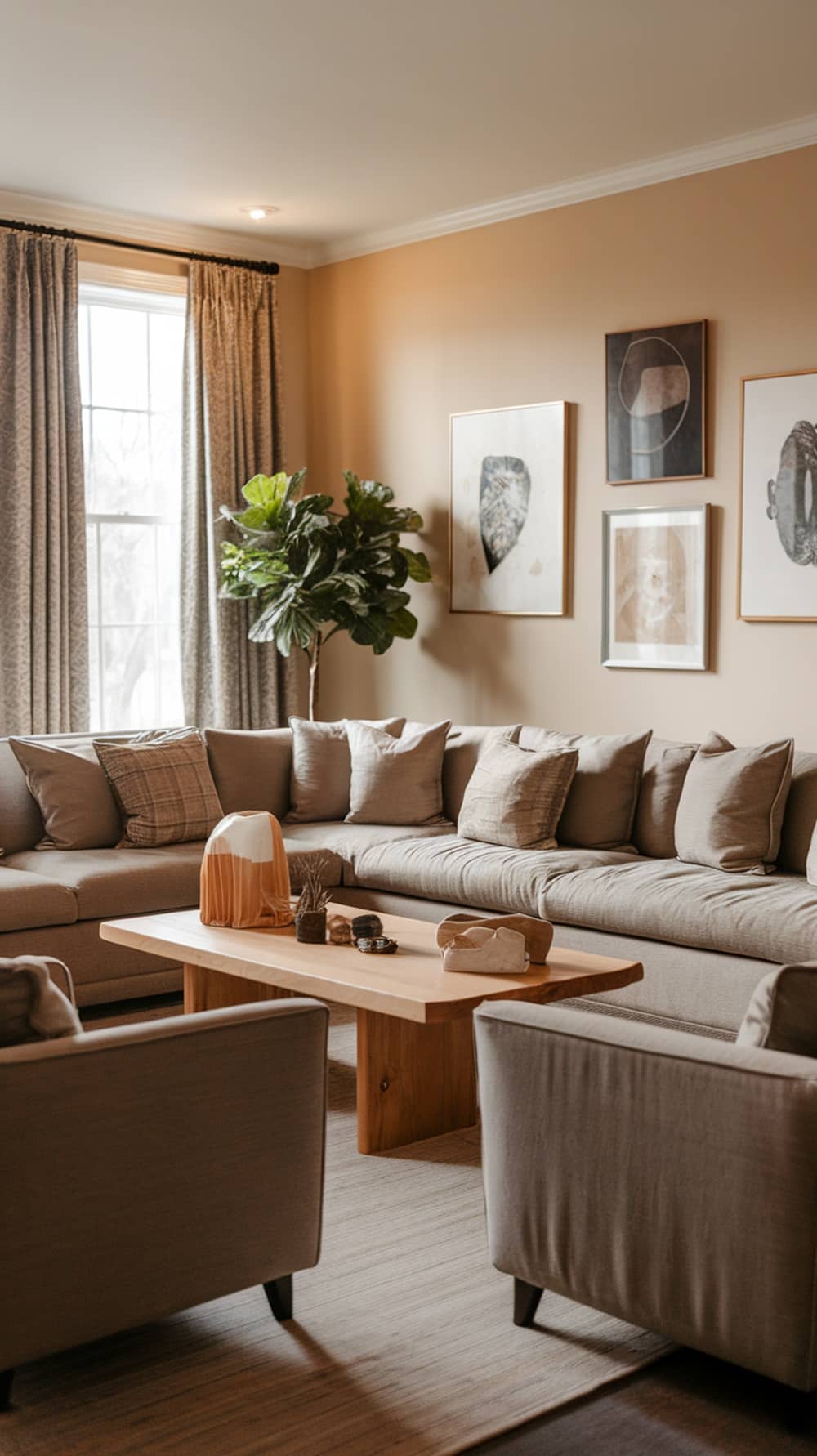 Cozy cream living room with a large sectional sofa, armchairs, and a wooden coffee table.