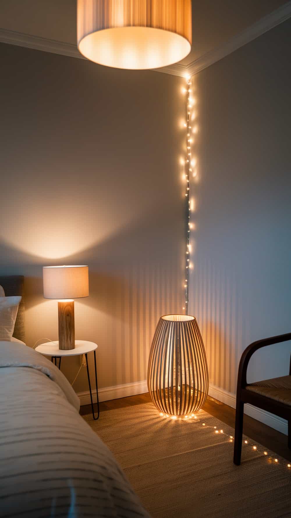 A cozy lavender bedroom with layered lighting, featuring a table lamp, a floor lamp, and string lights.