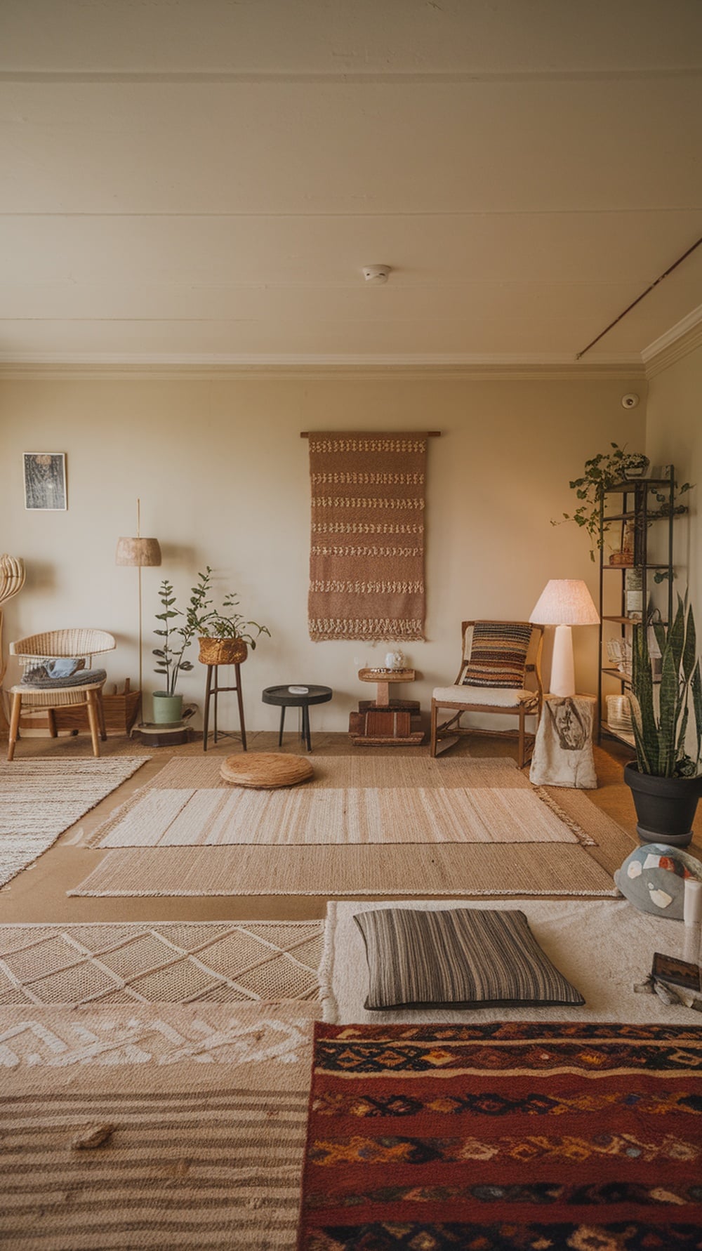 A cozy living room with layered rugs, showcasing various patterns and textures.