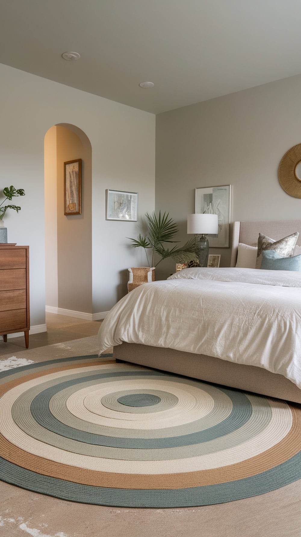 A cozy bedroom featuring layered rugs in earthy tones.