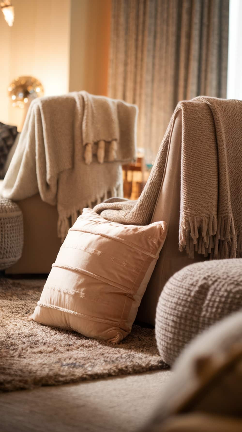 A cozy living room with layered textiles including soft blankets and plush pillows.