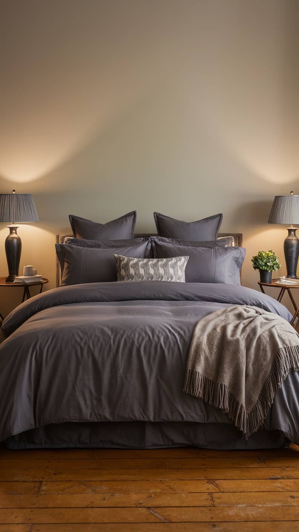 Luxurious charcoal gray bedding with decorative pillows and a cozy throw