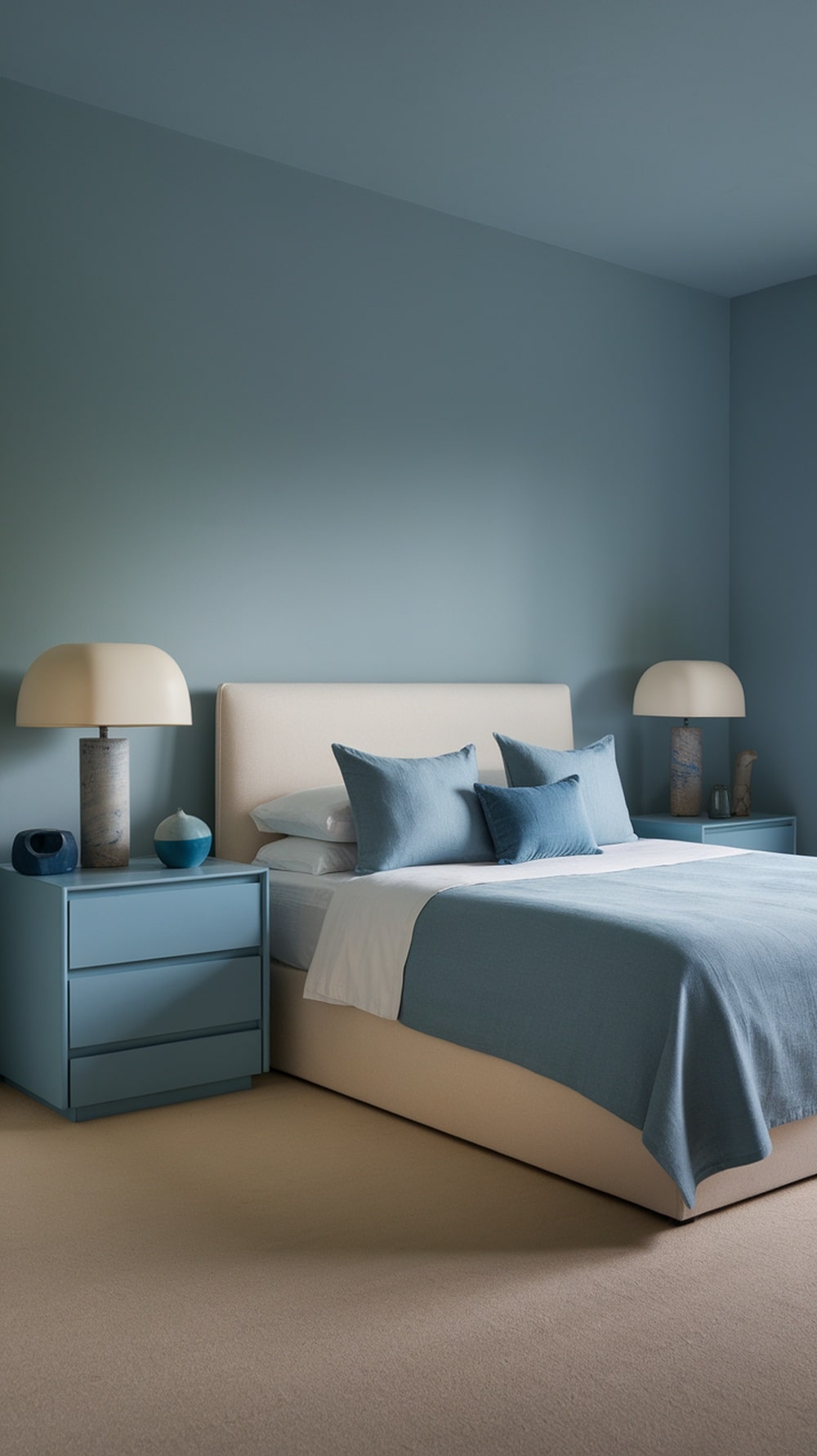 A minimalist bedroom featuring a dusty blue color scheme with simple nightstands.