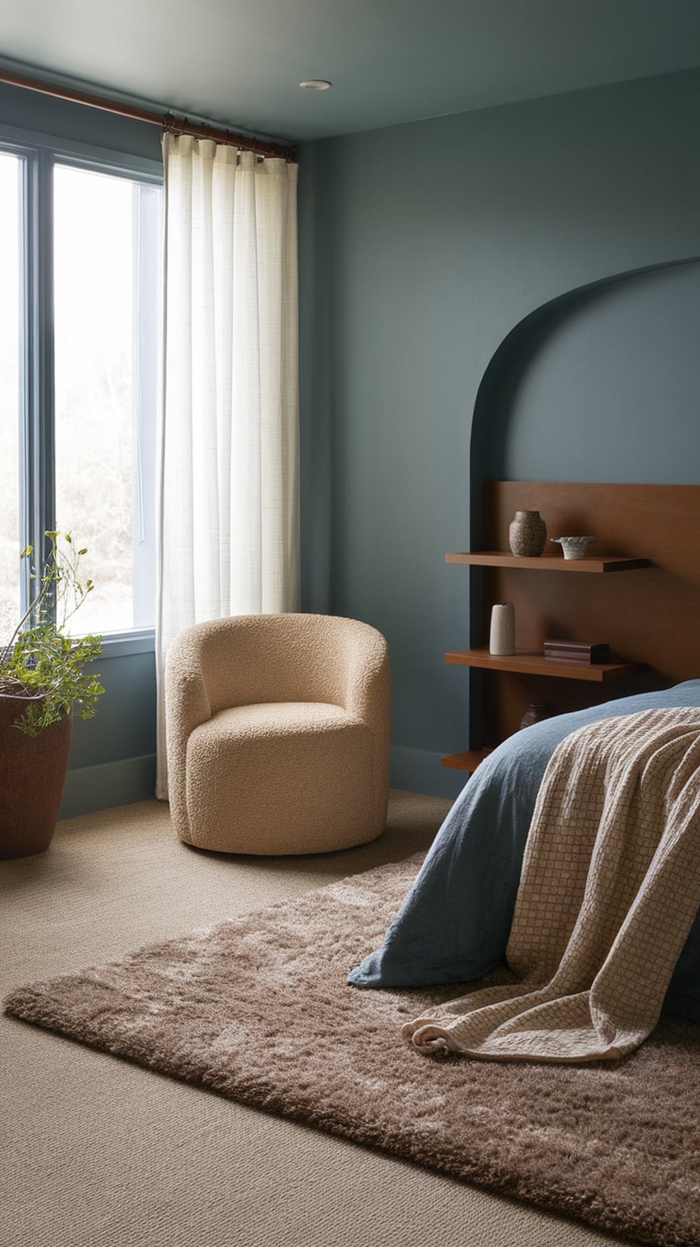 Cozy bedroom featuring indigo walls, earthy tones, and soft textures