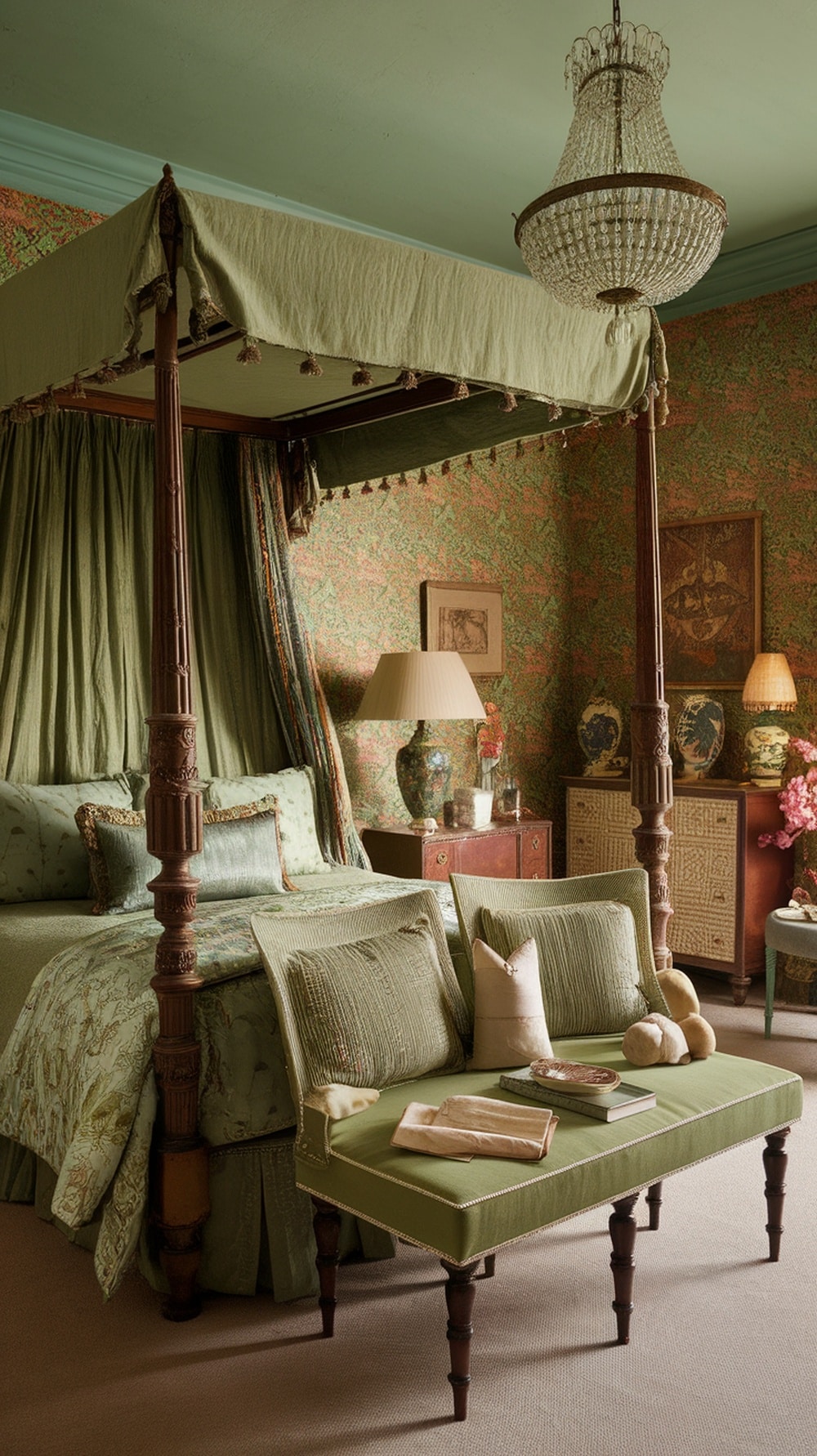 Vintage emerald green bedroom with patterned wallpaper and bedding.