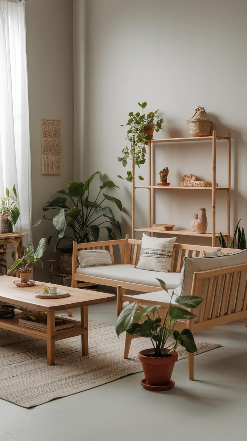 Cozy cream living room with wooden furniture and plants