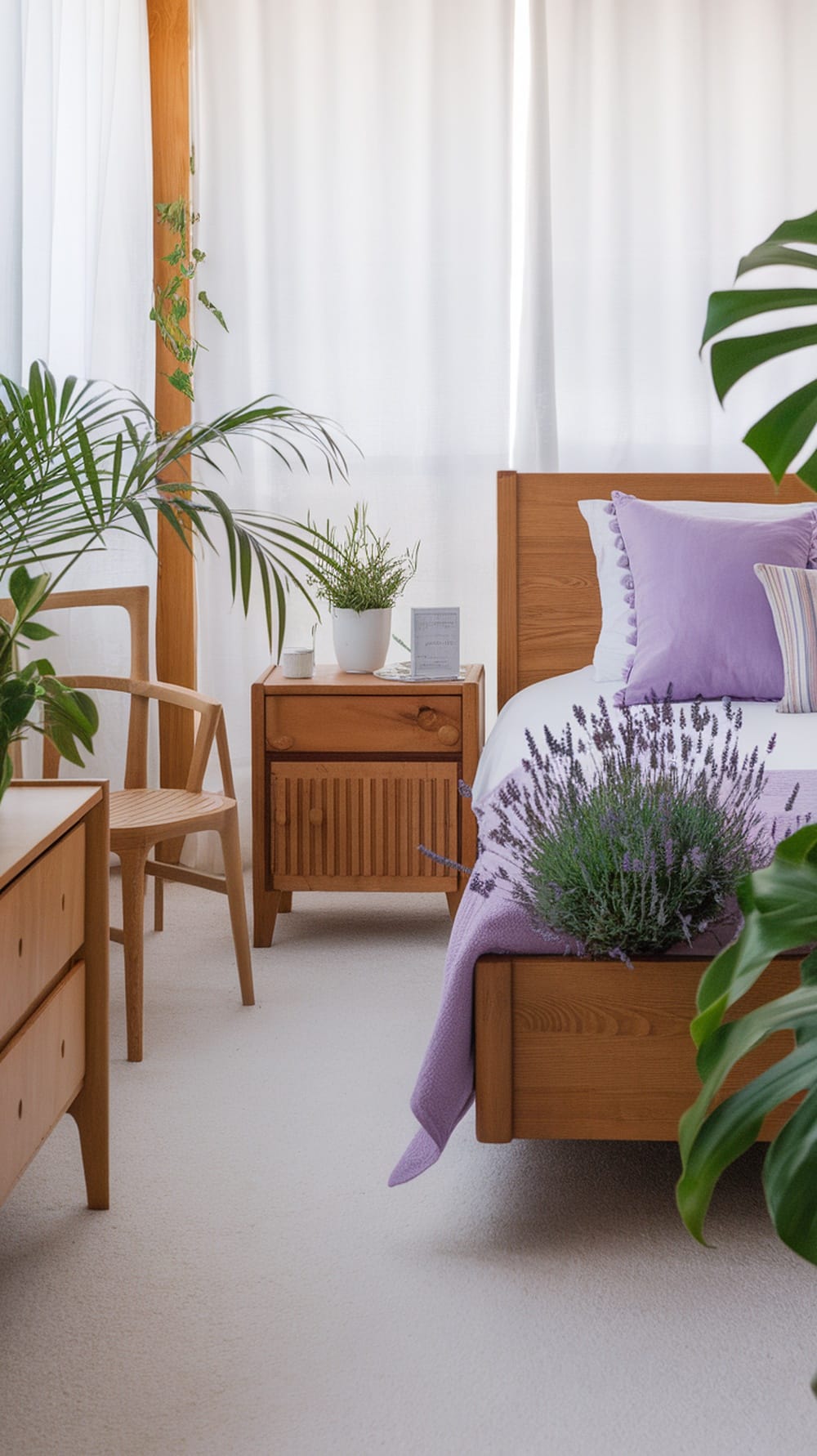 A cozy lavender bedroom featuring wooden furniture and potted plants.