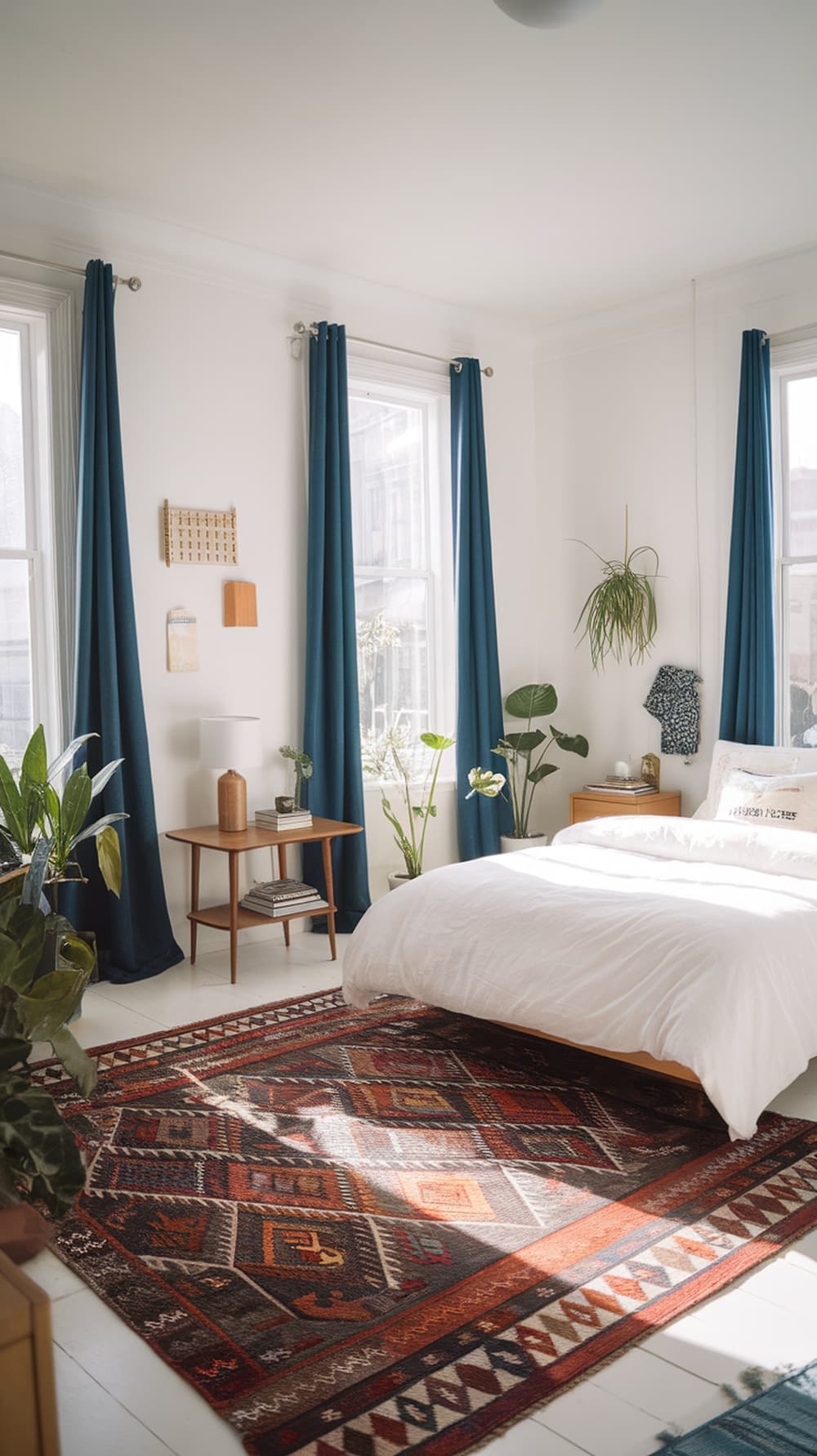 A bright and airy bedroom featuring indigo curtains, a white bedspread, and a colorful rug, with plants and natural light enhancing the decor.