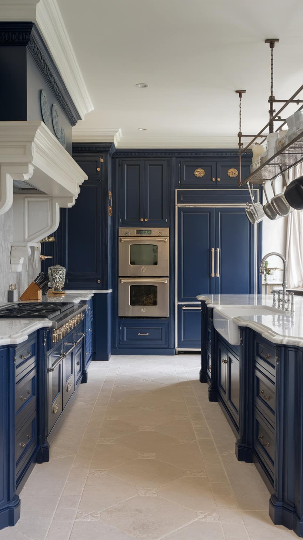 A modern kitchen featuring navy blue cabinets and marble countertops.