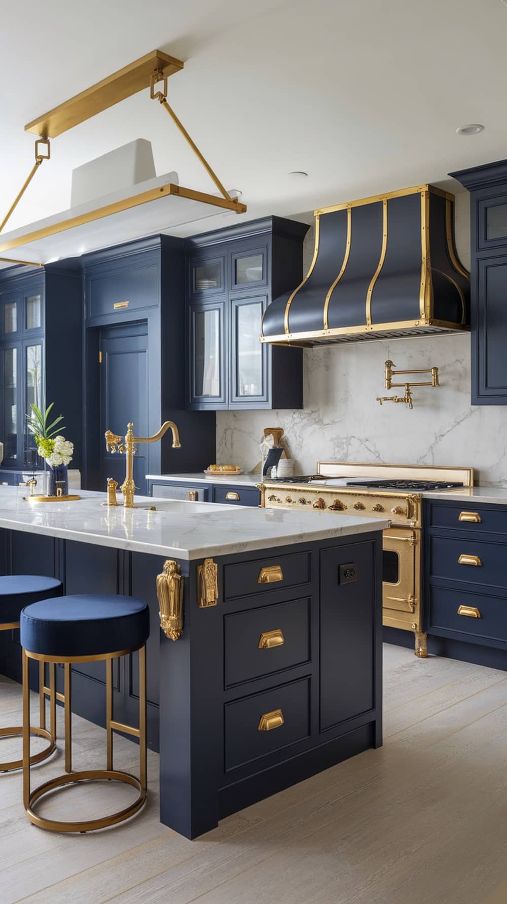 A modern kitchen featuring navy blue cabinets with gold accents, including a gold range hood and fixtures.