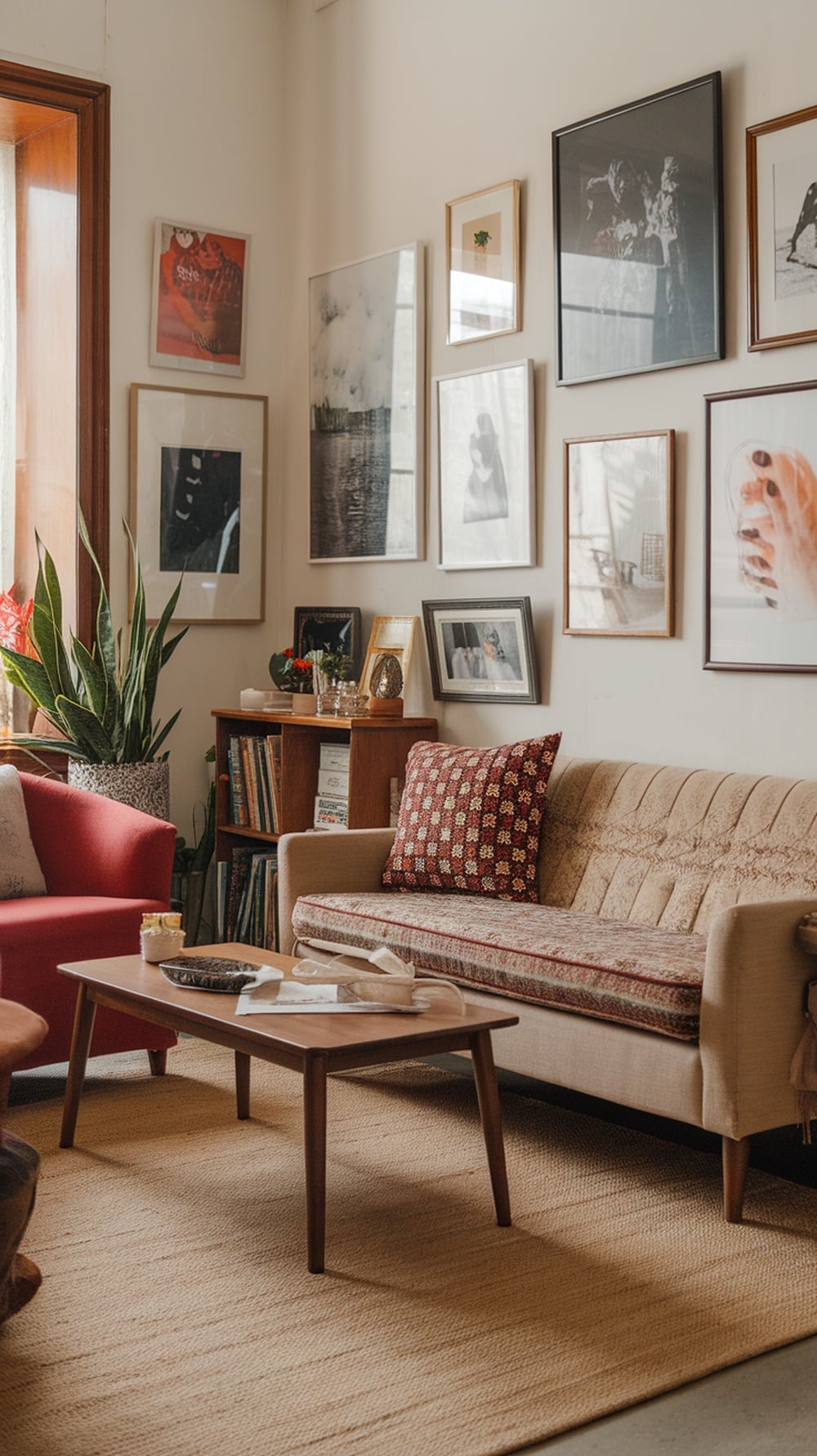 Cozy cream living room with a gallery wall of framed artwork.