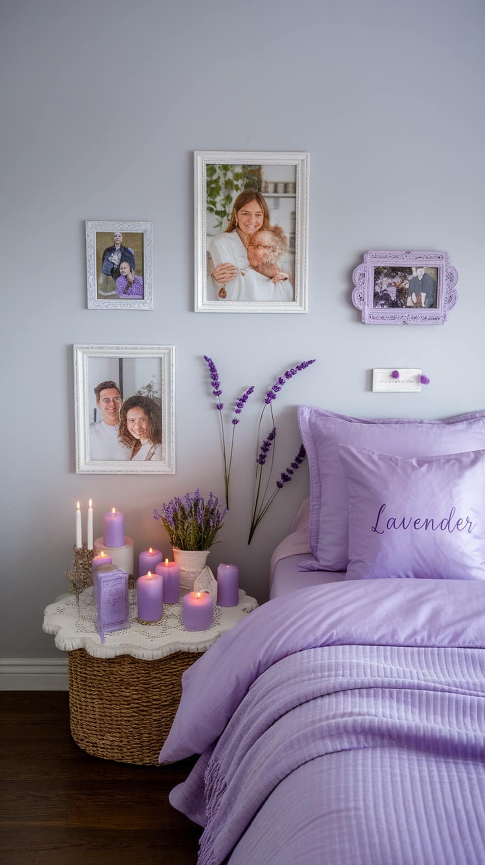 A cozy lavender bedroom with framed photos, lavender candles, and lavender accents.