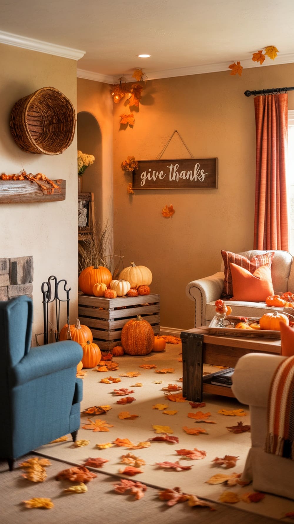 Cozy living room decorated for fall with pumpkins, autumn leaves, and a 'give thanks' sign.