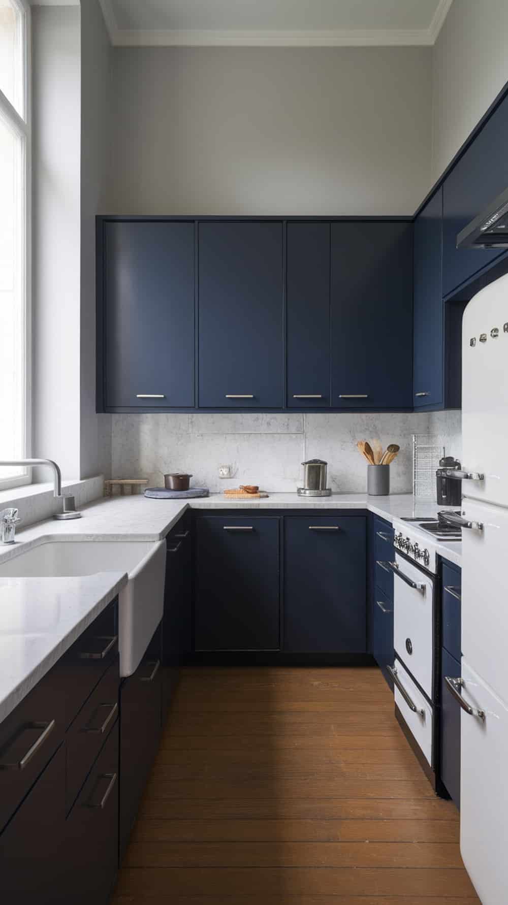 Modern navy blue kitchen cabinets with minimalist design and light countertops