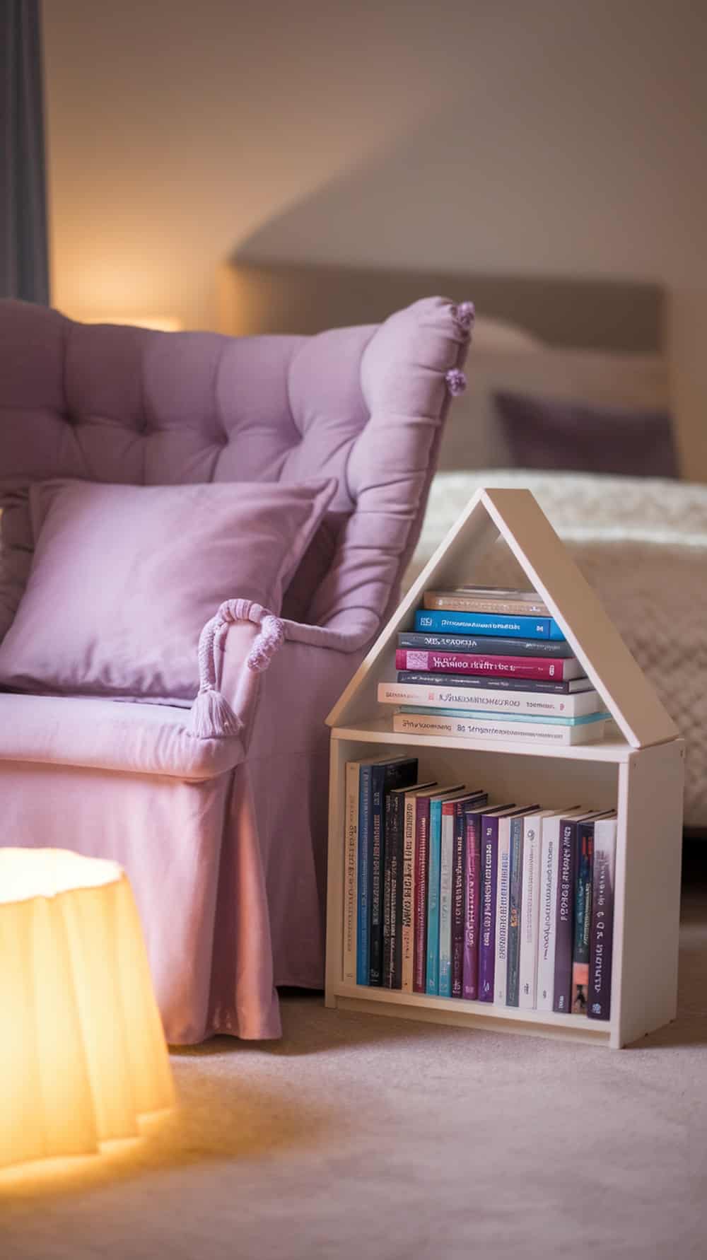 A cozy lavender chair with cushions and a small bookshelf in a warm bedroom setting.