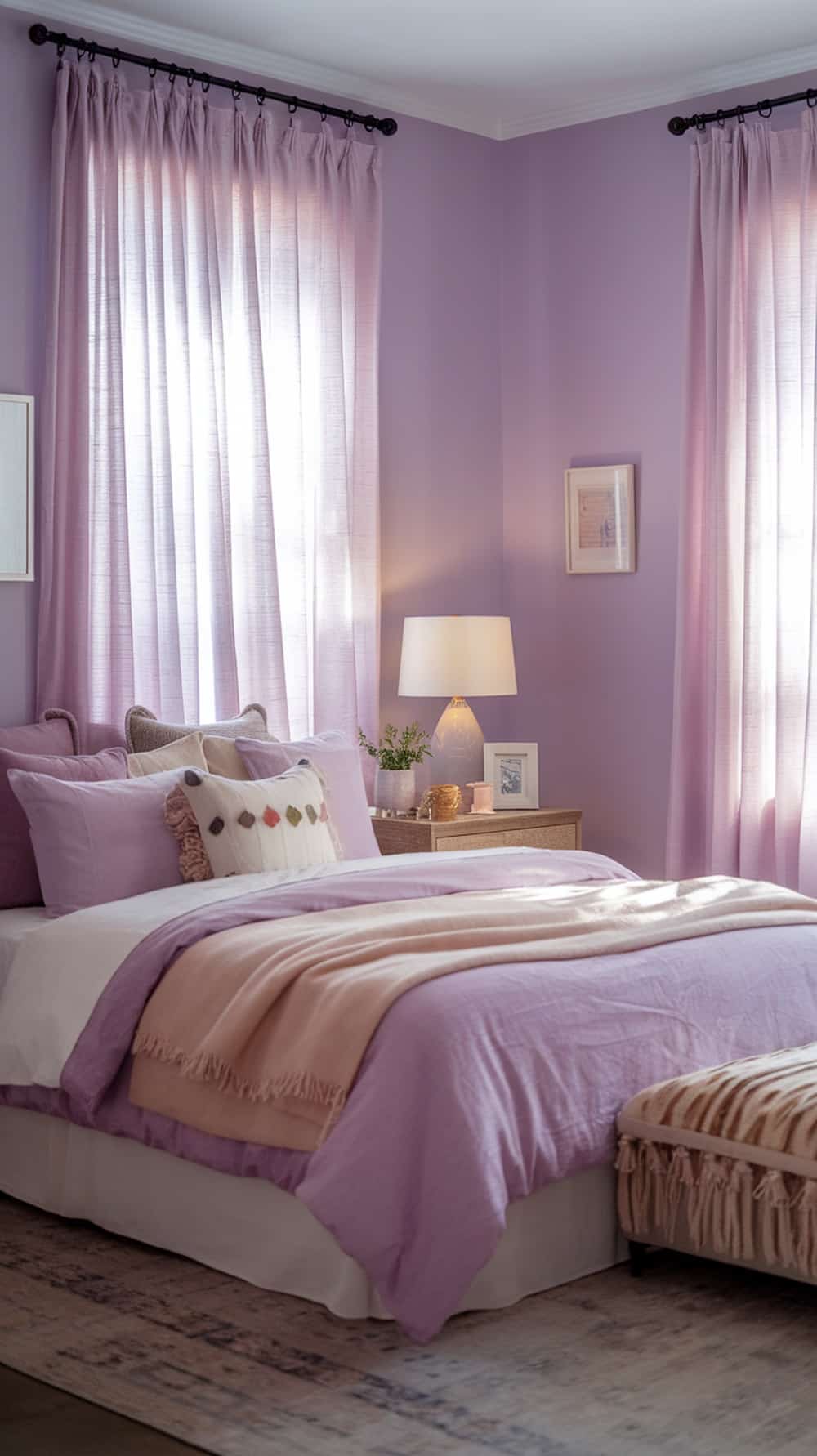 A cozy bedroom with soft lavender walls, featuring a bed with lavender and pink bedding, and light curtains.