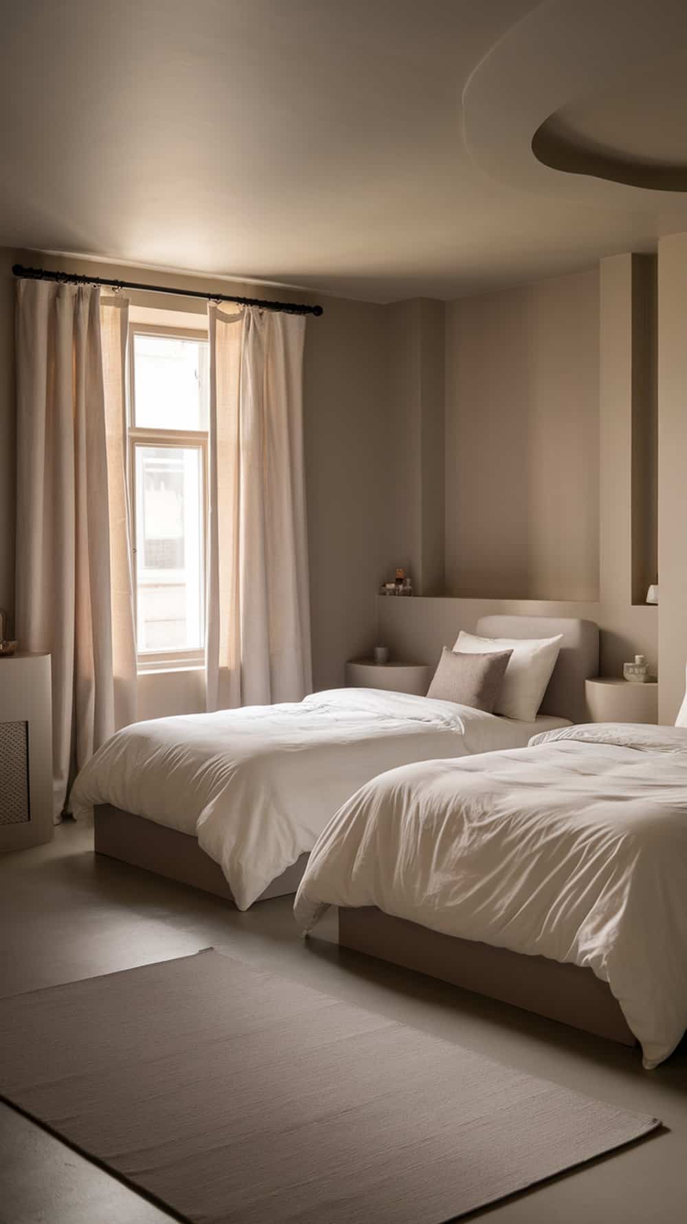 A neutral greige bedroom with soft lighting and two beds.