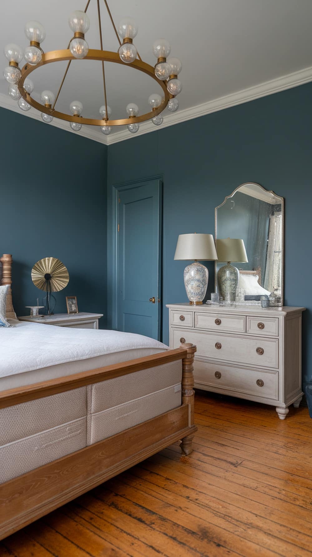 A stylish bedroom featuring a large chandelier, dusty blue walls, and wooden furniture.