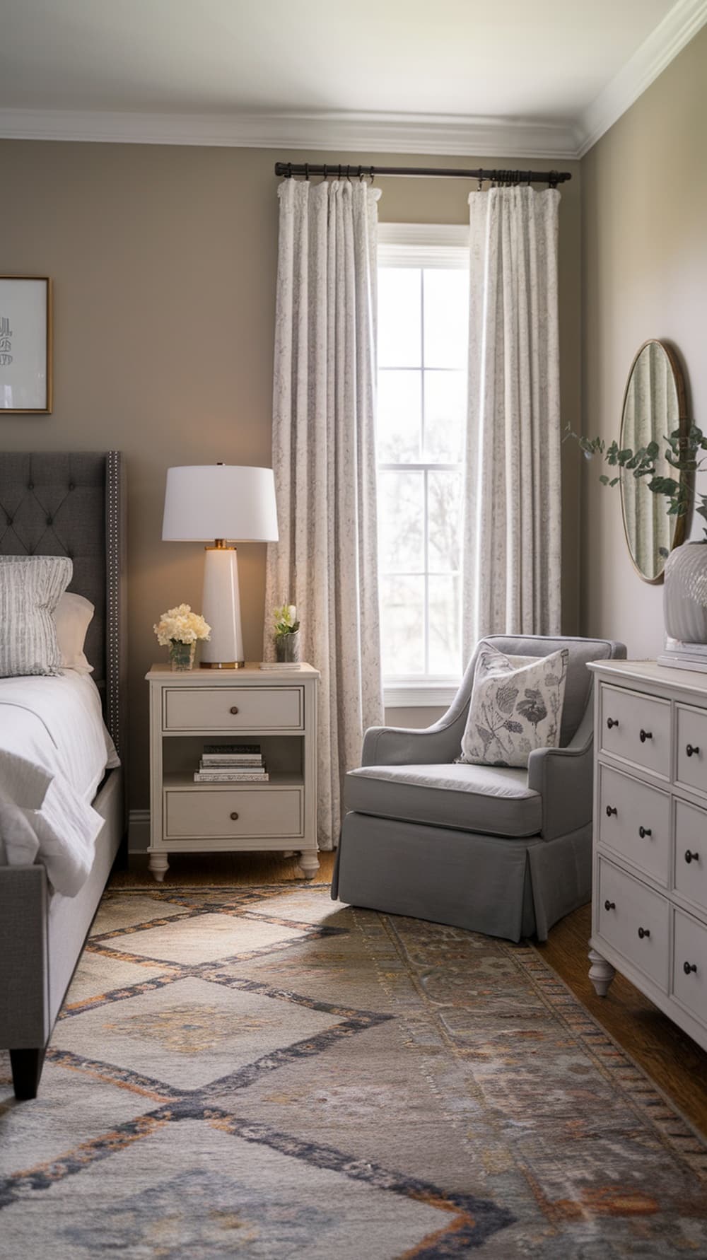 Stylish area rug in a charcoal gray bedroom setting.