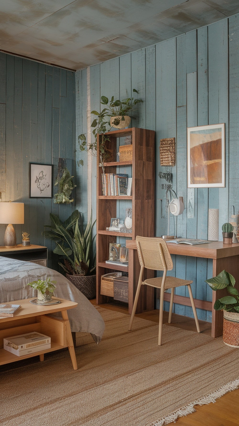 A cozy bedroom featuring earthy dusty blue walls, wooden furniture, and plants.