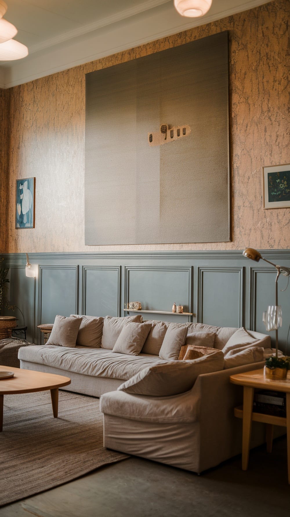 Cozy cream living room with textured wall treatments and soft furnishings.