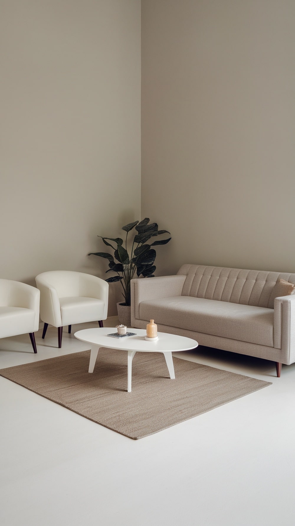 A minimalist living room featuring greige walls, white furniture, and a natural plant.