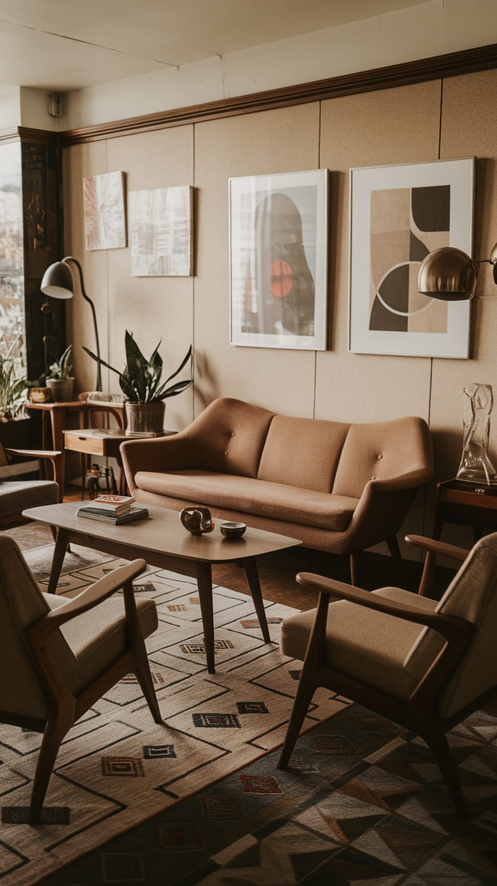 Mid-century modern living room with stylish furniture and art