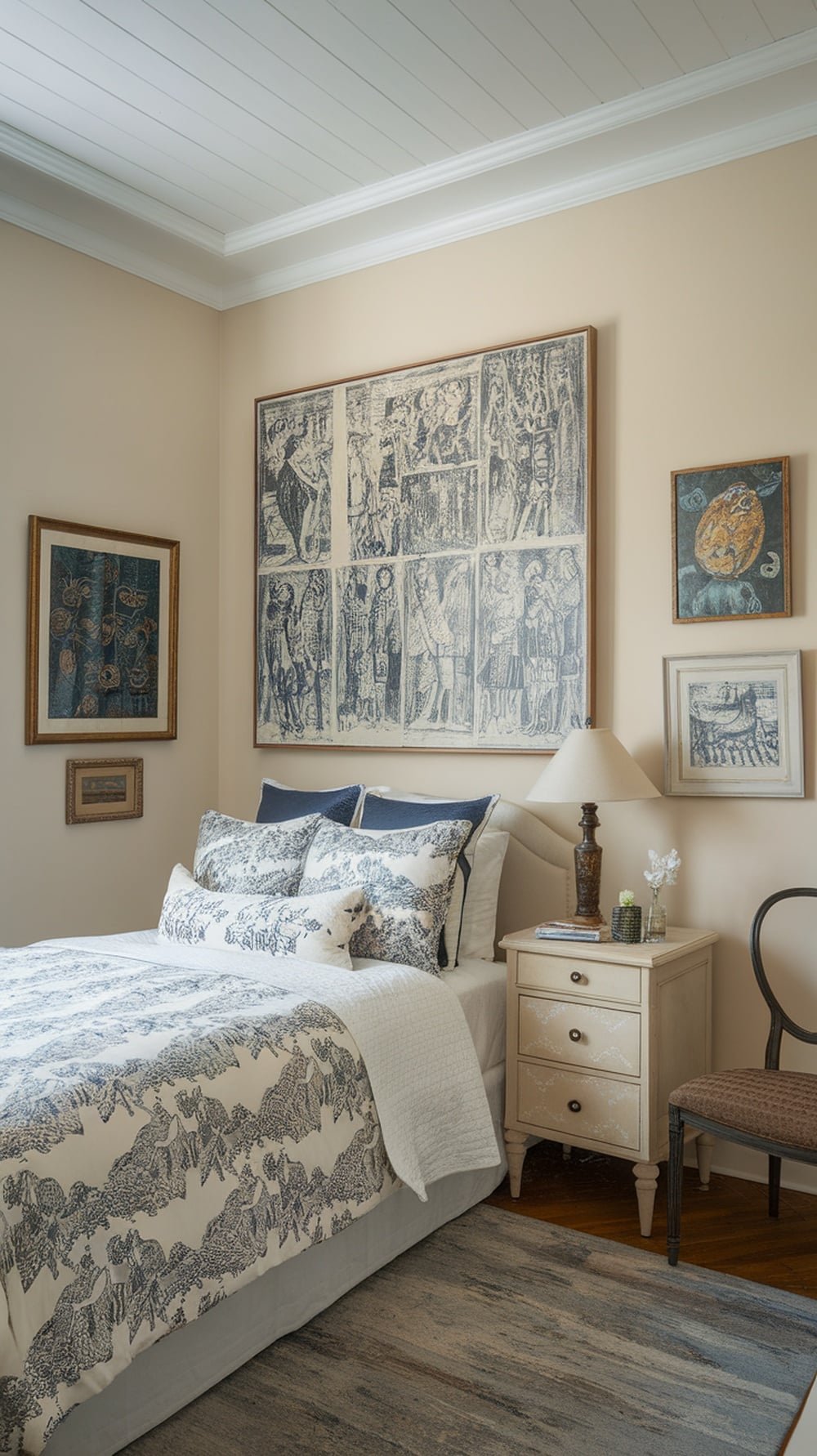 A cozy bedroom featuring a large piece of wall art above the bed, complemented by smaller framed artworks on the walls.