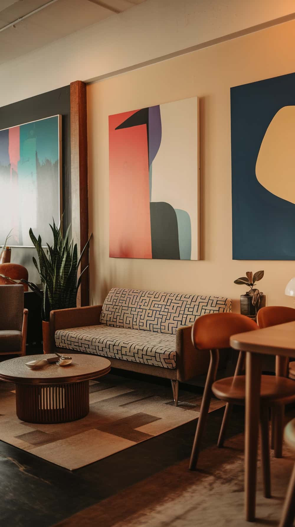 Mid-century modern apartment interior featuring bold artwork, patterned sofa, and plants.