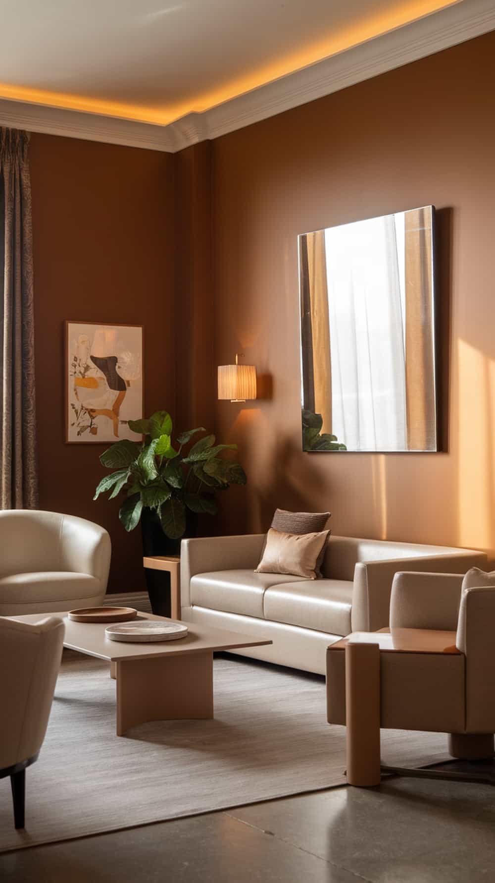 A modern living room featuring caramel and neutral tones, with a plush sofa, armchairs, and a coffee table, complemented by a potted plant and artwork.